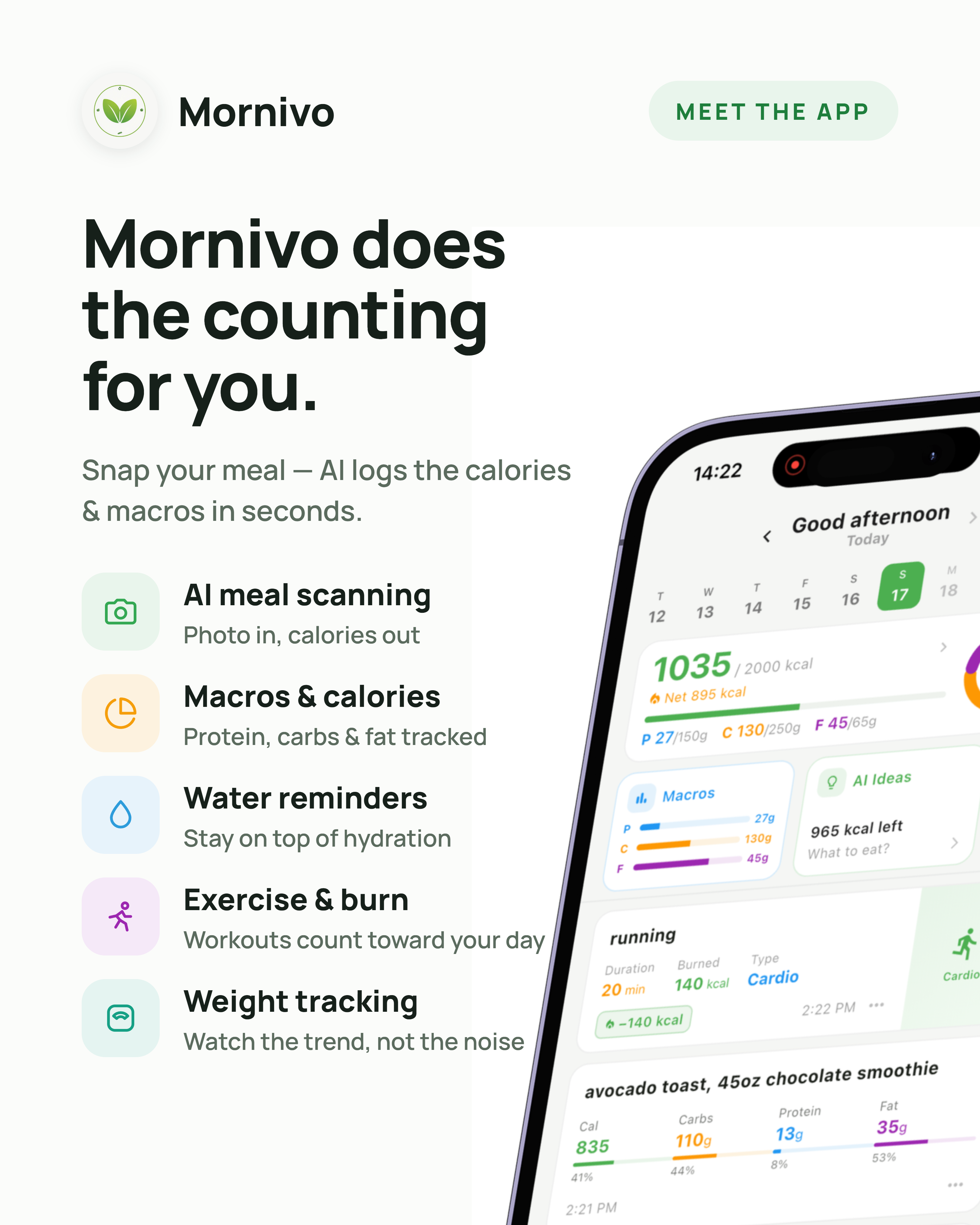 Mornivo app — AI meal scanning, macros and calories, water reminders, exercise and weight tracking